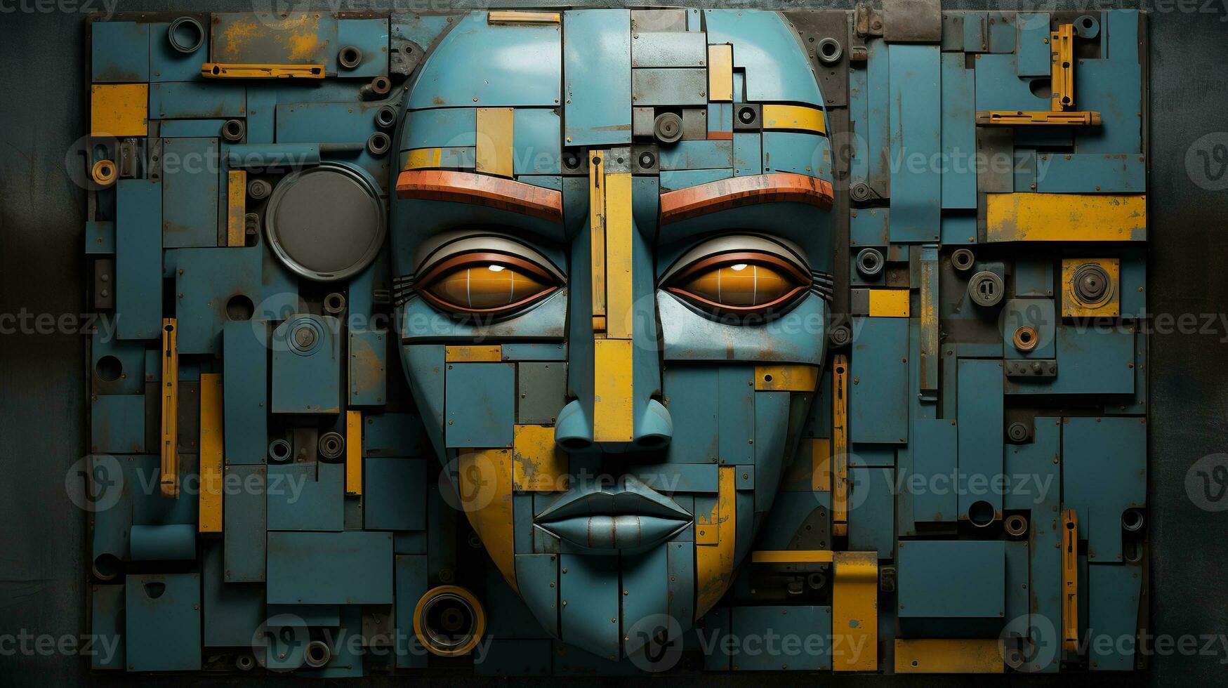 Generative AI, Abstract robotic face on rusty vintage metal background, geometric shapes photo