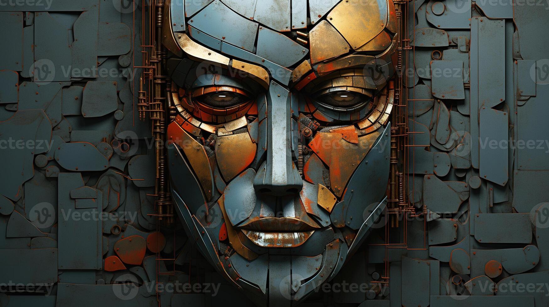 Generative AI, Abstract robotic face on rusty vintage metal background, geometric shapes photo