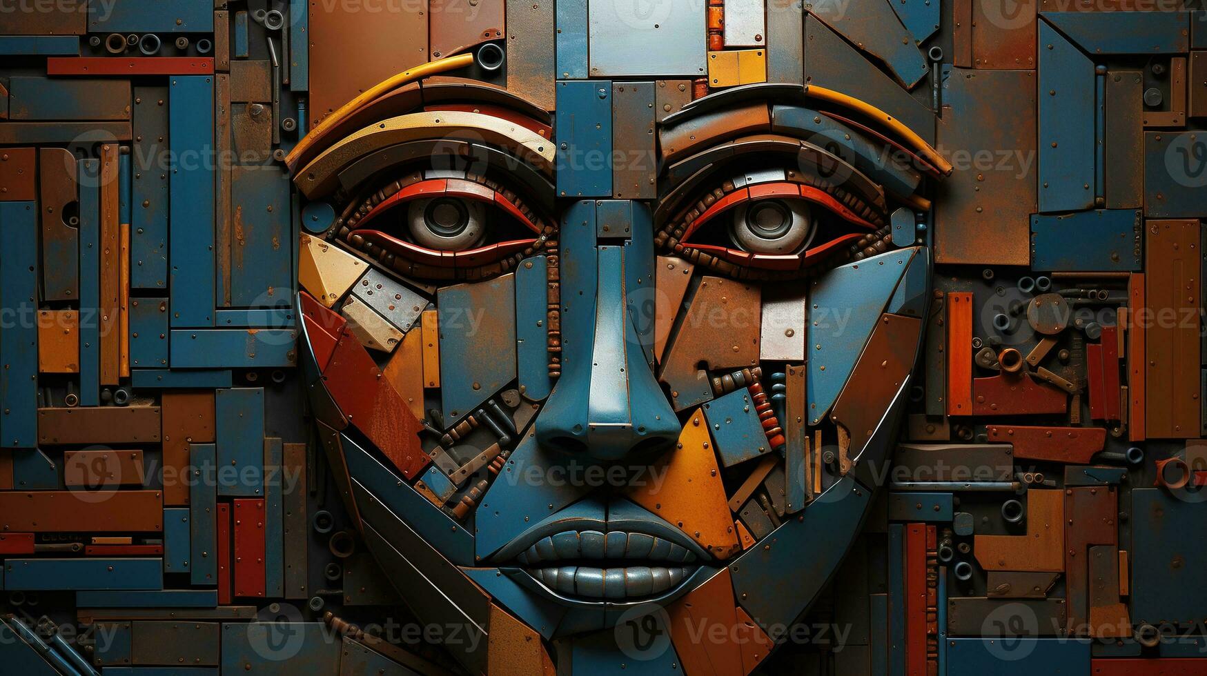 Generative AI, Abstract robotic face on rusty vintage metal background, geometric shapes photo