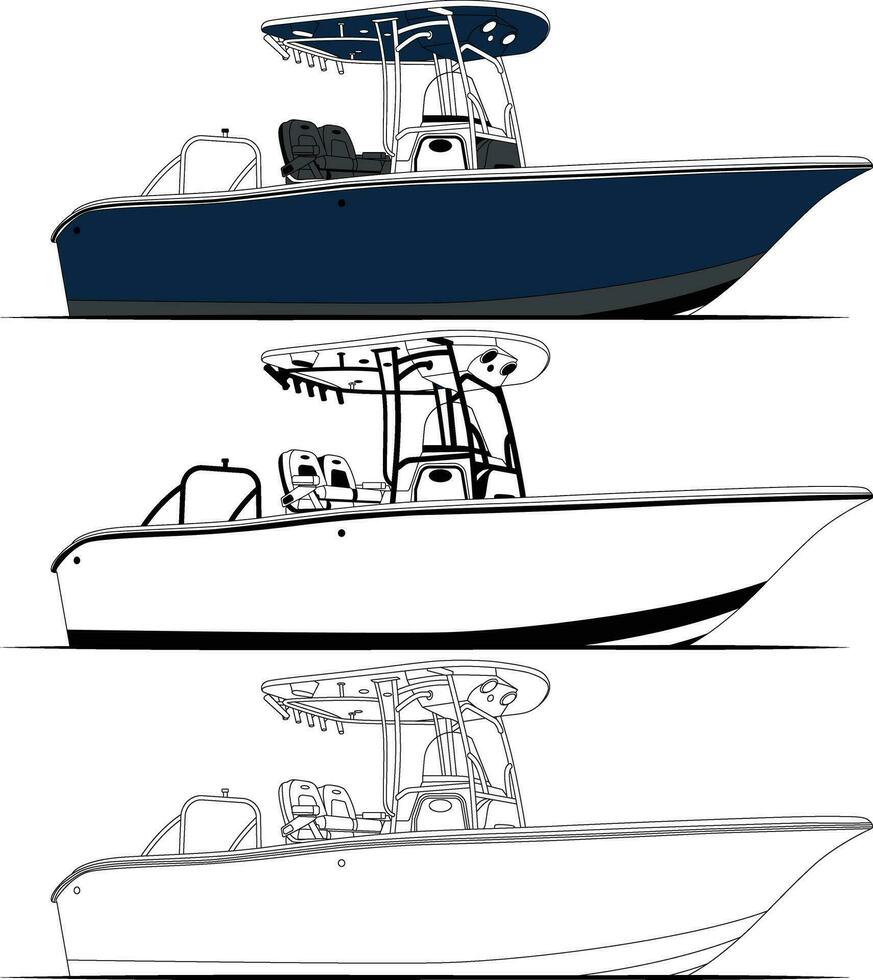 Fishing boat vector line art illustration and one color