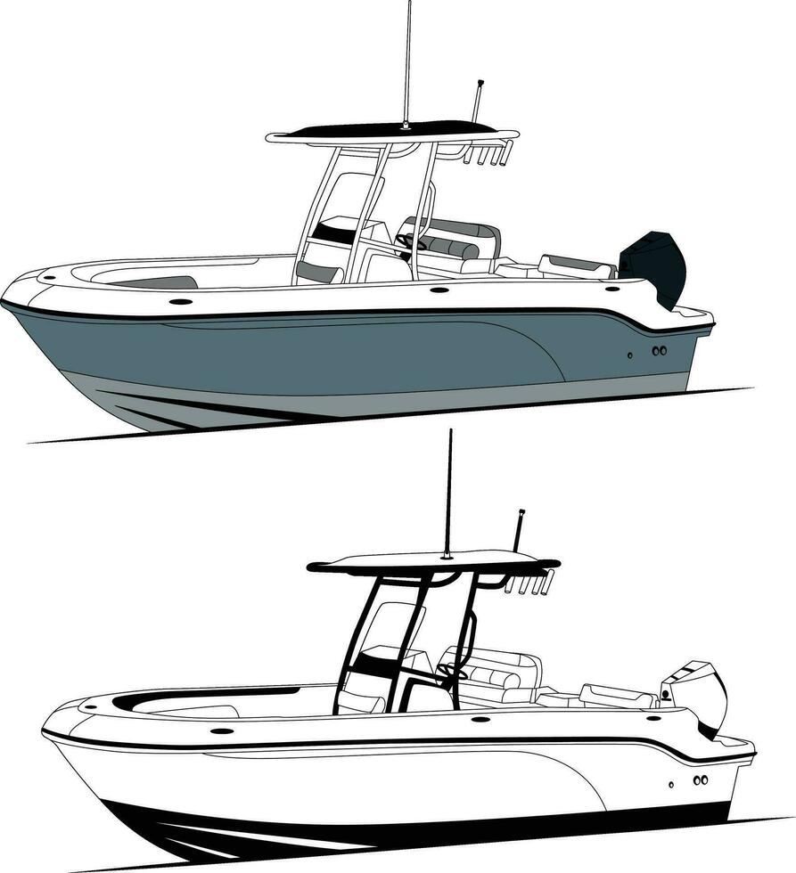 Fishing boat vector line art illustration and one color