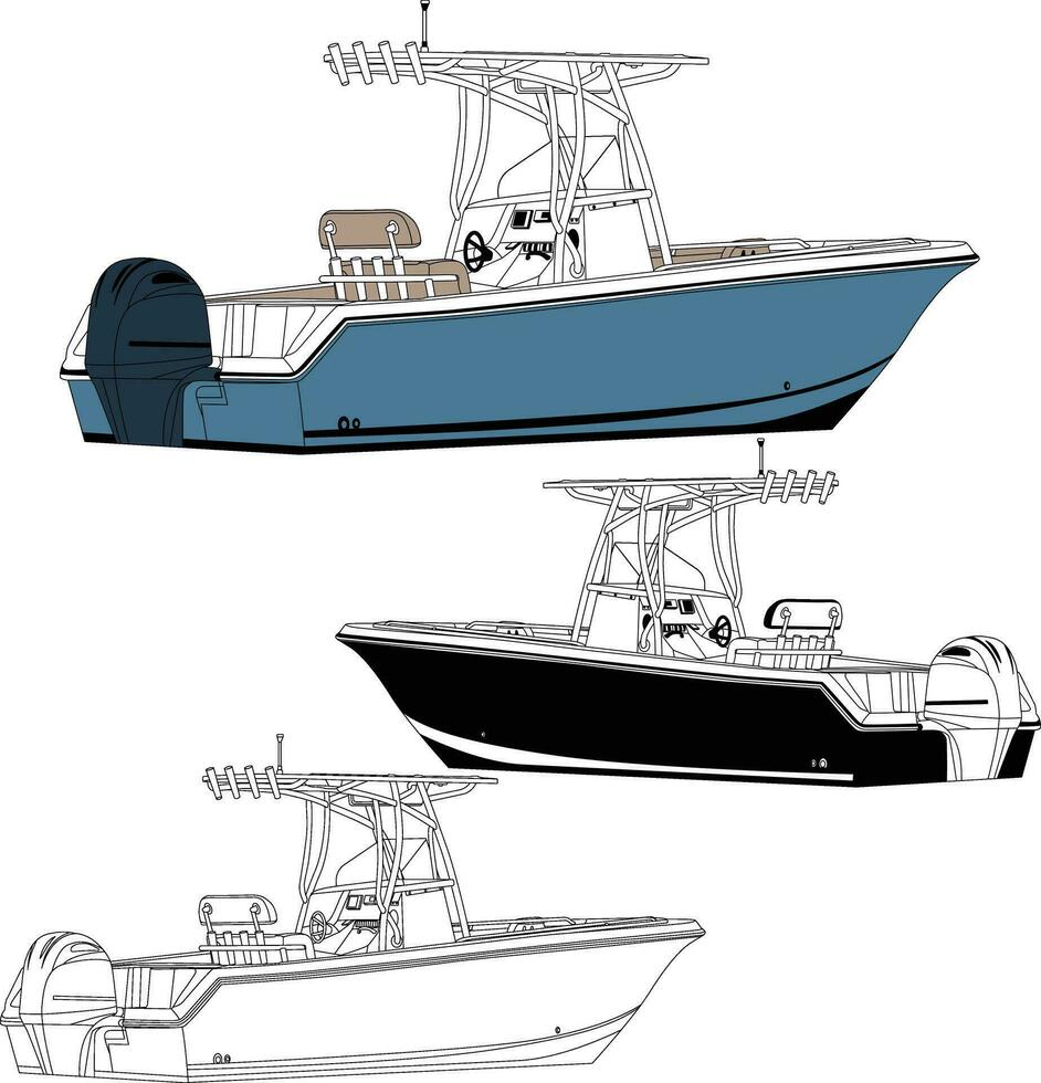 High-quality fishing boat vector line art illustration