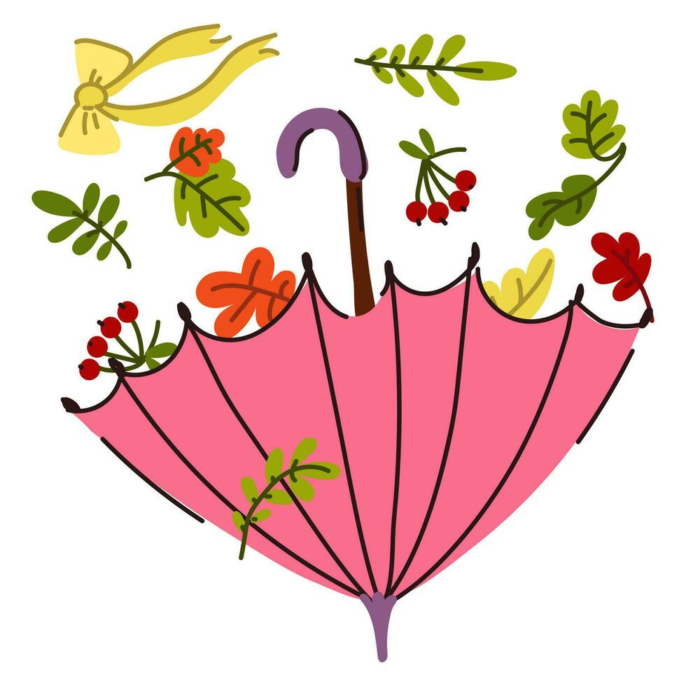 Autumn pink umbrella with autumn leaves, berries inside. Foliage falls into an umbrella isolated on a white background. Vector flat illustration of autumn weather. Sticker, postcard, sublimation