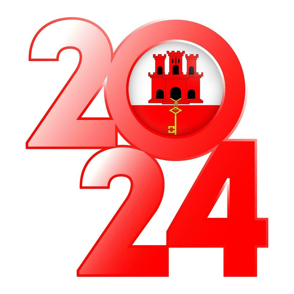 Happy New Year 2024 banner with Gibraltar flag inside. Vector illustration.