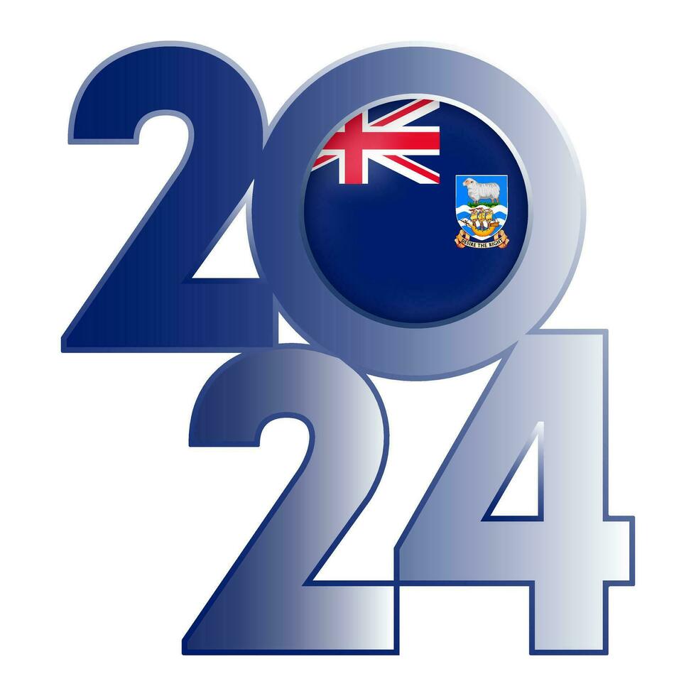 Happy New Year 2024 banner with Falkland Islands flag inside. Vector illustration.