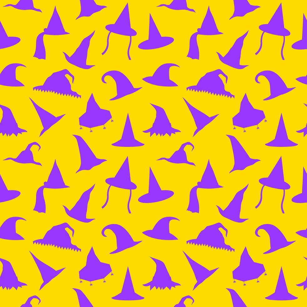 Seamless pattern purple witch hat. Halloween yellow background for design and print vector