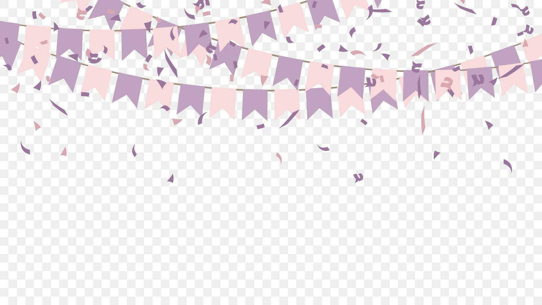 purple pink party flags with confetti falling. celebration and birthday. vector illustration