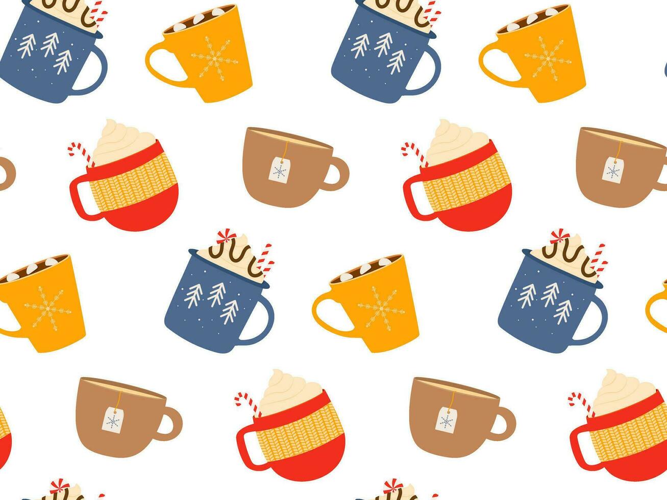 Seamless hot drinks pattern. Traditional autumn or winter drinks. Cups with drink variants. Vector flat repeated background for wallpaper, wrapping, packing, textile