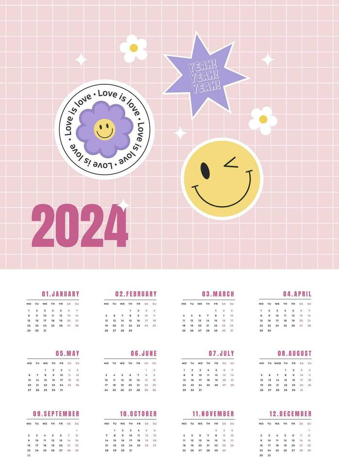 Y2k Vertical calendar for 2024 vector