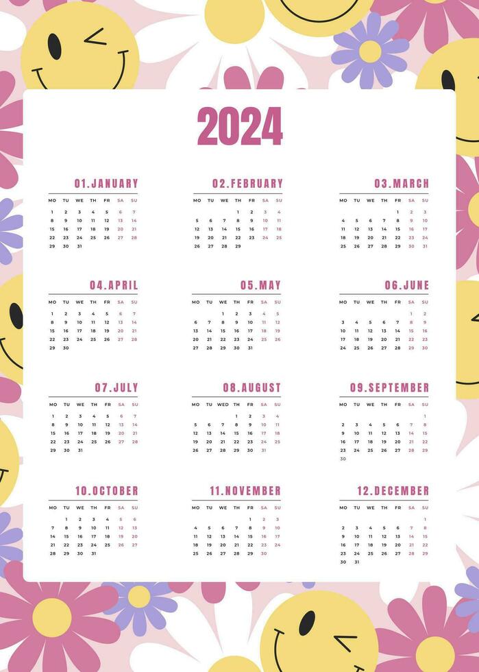 Y2k Vertical calendar for 2024 vector