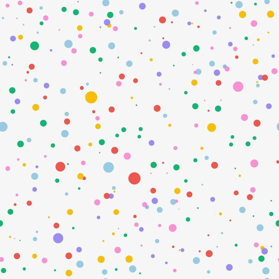 Colorful falling confetti on white background, seamless carnival pattern. Carnival polka Invitation. Falling festive dot background. Multicolored confetti carnaval design. vector