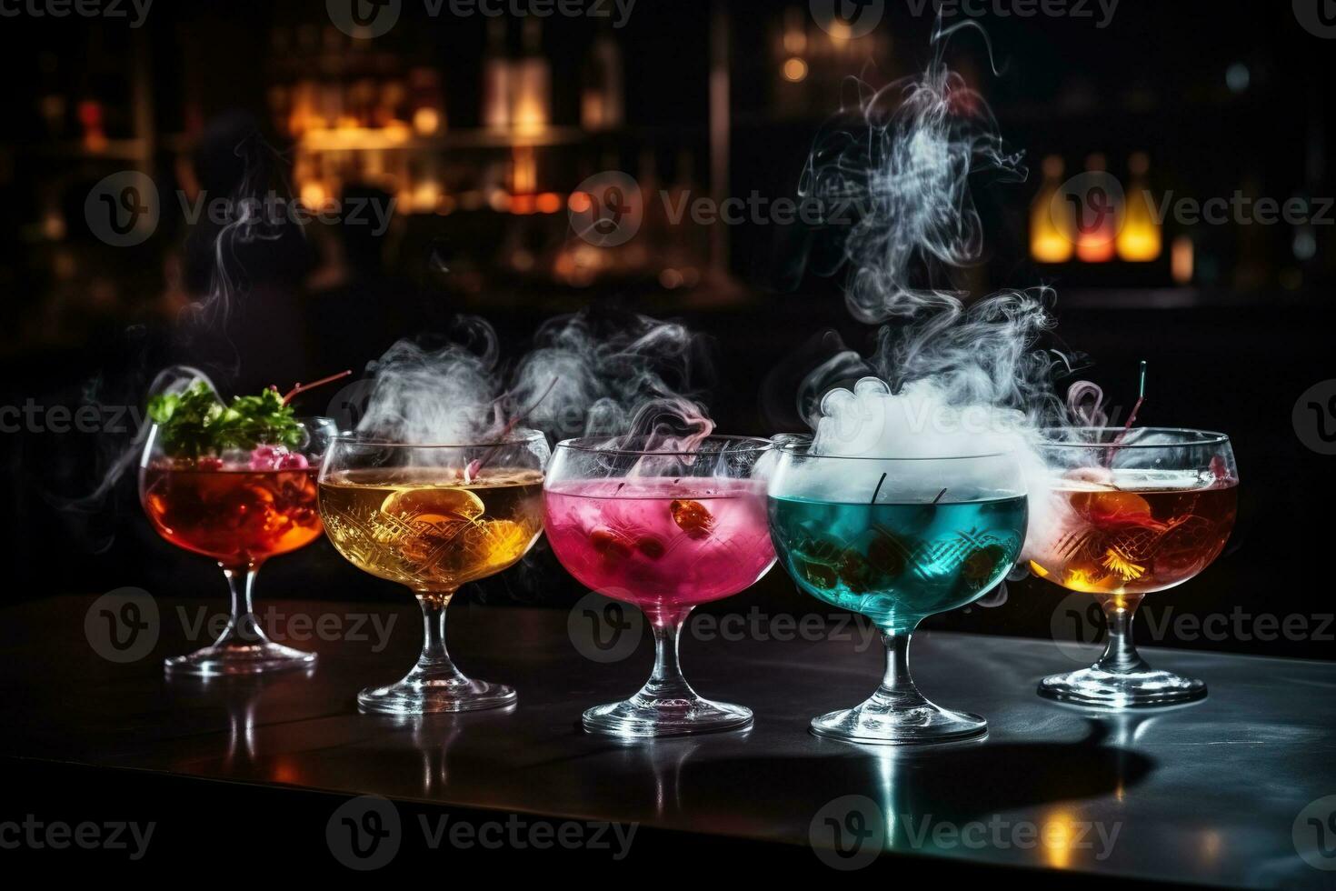 Set of cocktails with colorful smoke in a glass in the light on the bar counter. Blurred pub background photo