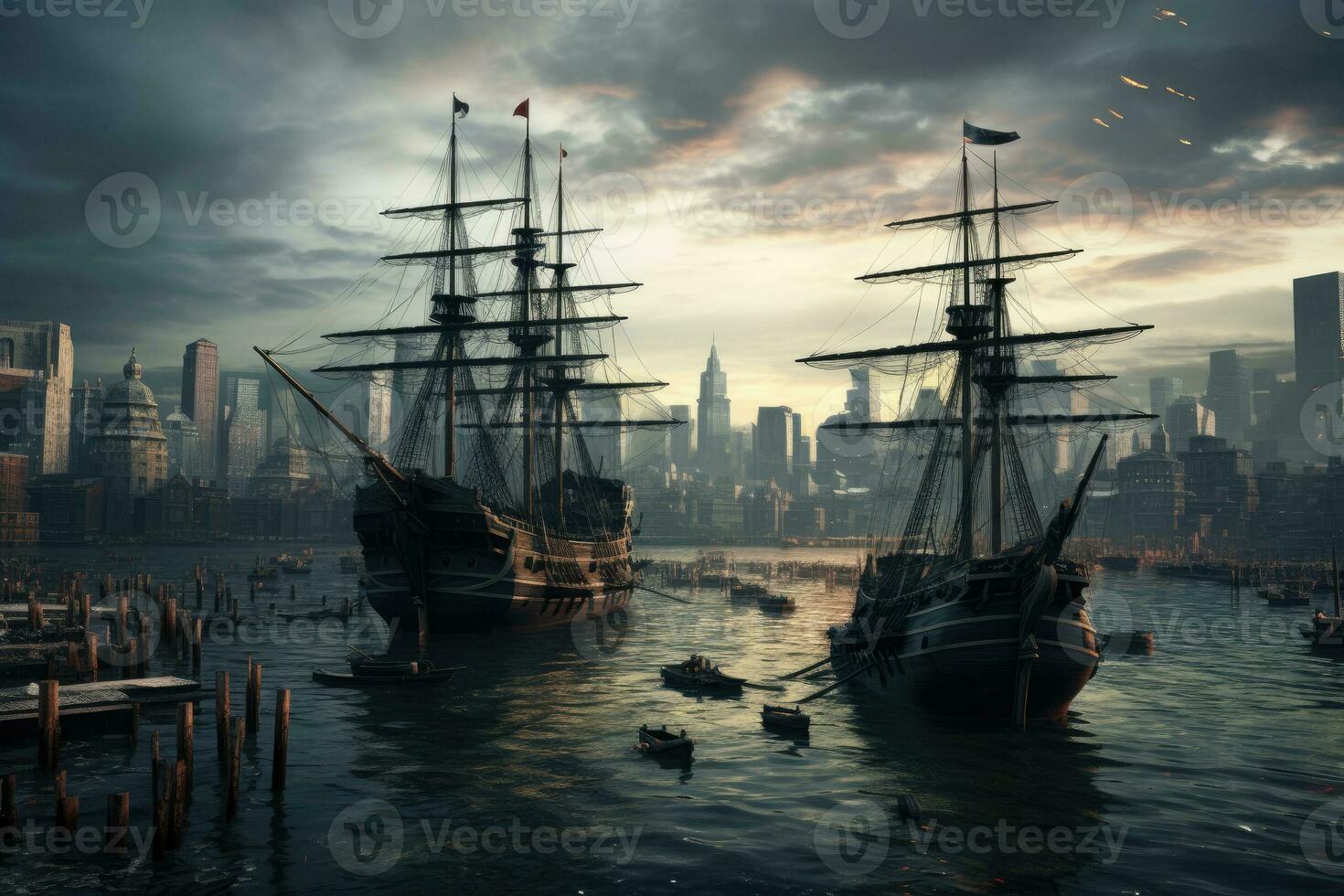 The ship of Christopher Columbus on the background of skyscrapers and modern buildings.. AI Generated photo