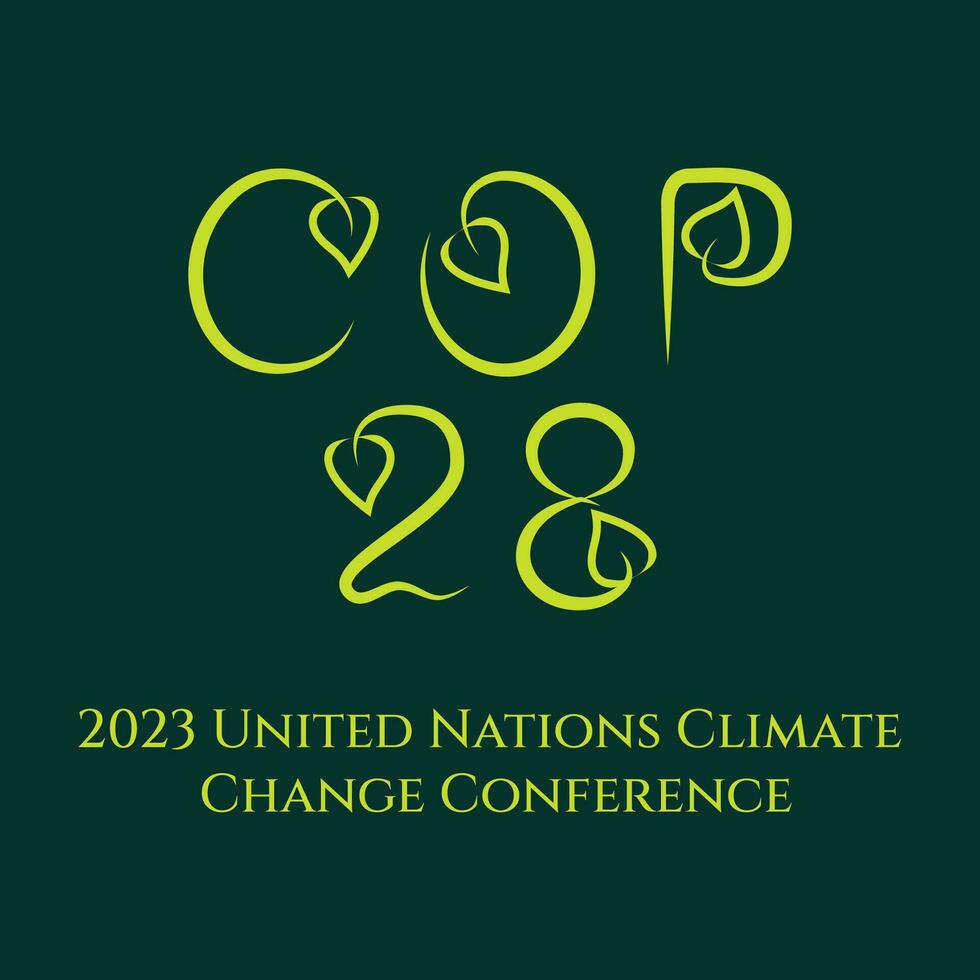 COP 28. Annual United Nations Climate Change Conference. 30 Nov - 12 Dec 2023, Dubai, United Arab Emirates. Lettering with leaves. International climate summit banner. Vector illustration