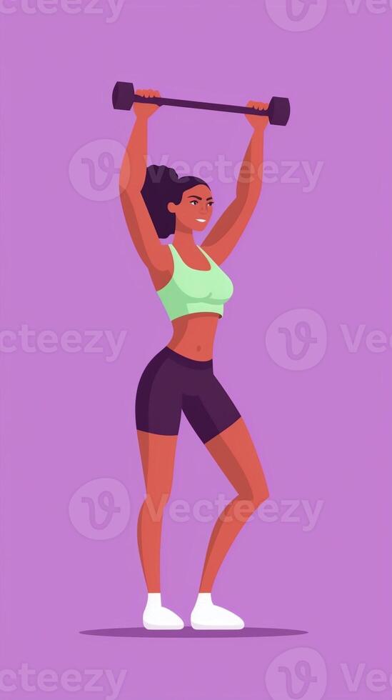 Glad dark skinned woman with crisp hair raises dumbbell for training