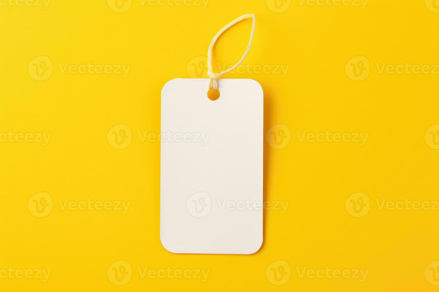A mock-up of a white empty tag with a rope on a yellow background. AI generated photo