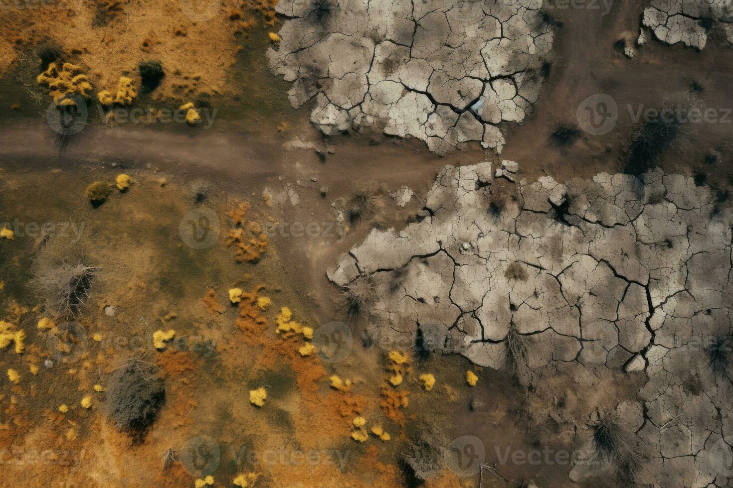 Top view of a dry field with small areas of blooming greenery photo