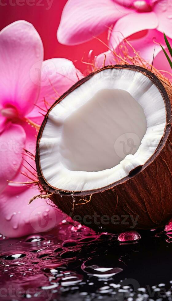 Fresh juicy coconut halves, palm leaves and flowers painted in metallic pink with water droplets. AI generated photo