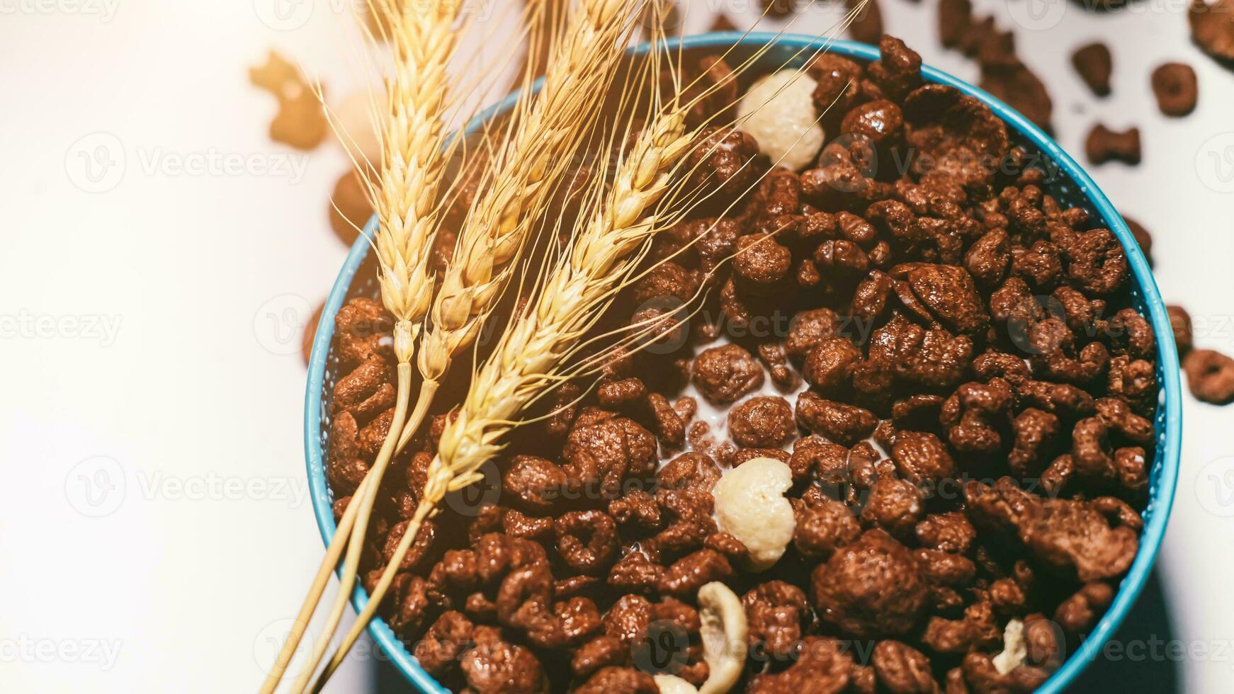 Chocolate cereal in blue bowl on white background. Cornflakes. Breakfast concept. food suitable for children. photo