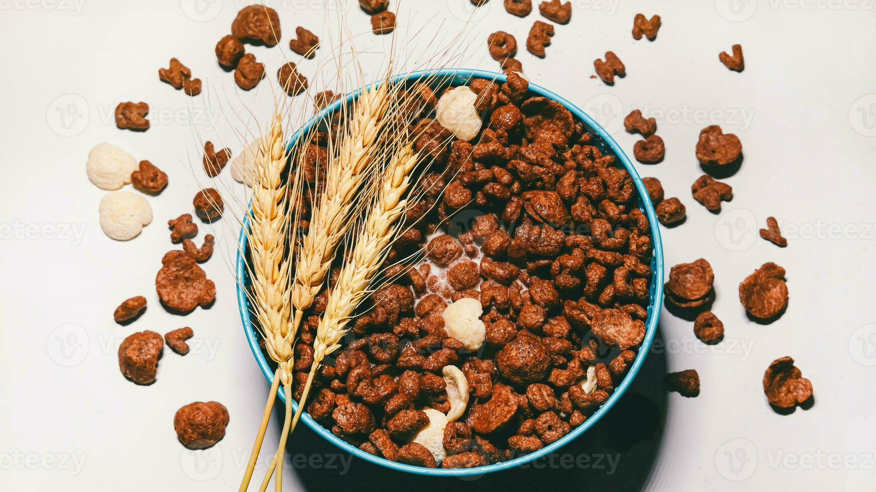 Chocolate cereal in blue bowl on white background. Cornflakes. Breakfast concept. food suitable for children. photo