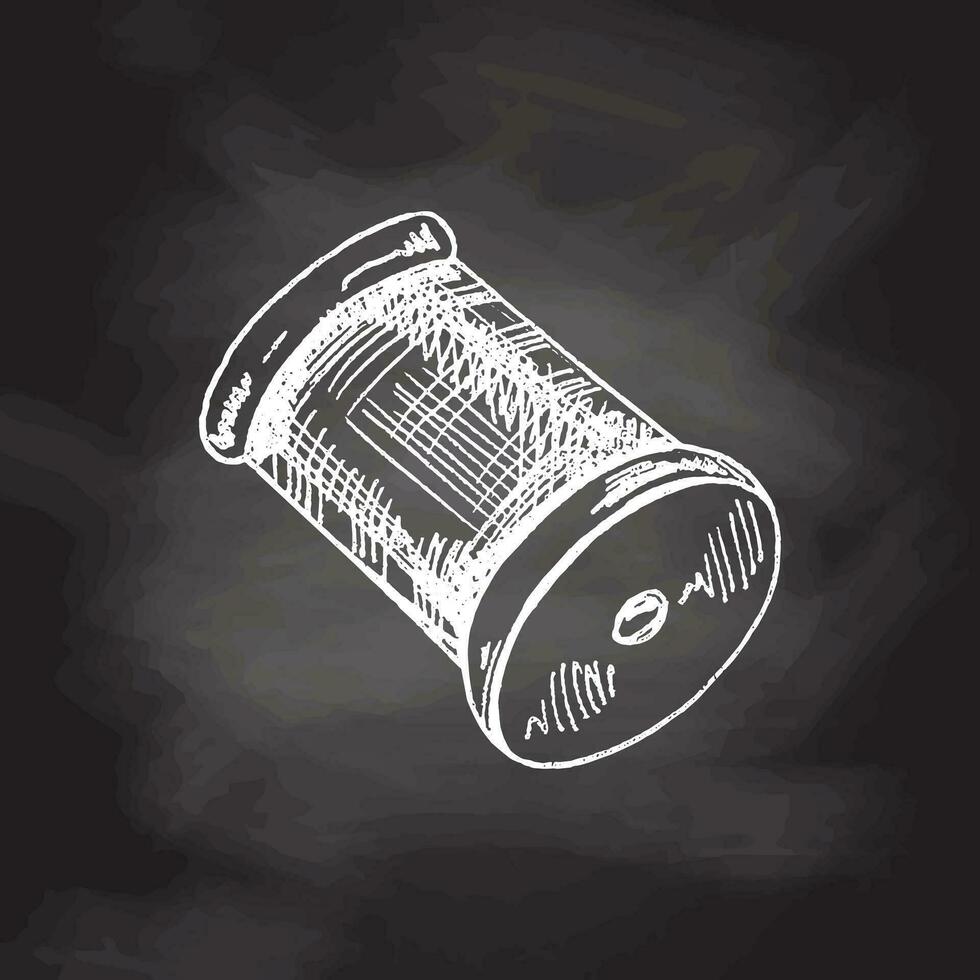 Hand-drawn sketch of skein of thread on chalkboard background. Handmade, sewing equipment concept in vintage doodle style. Engraving style. vector