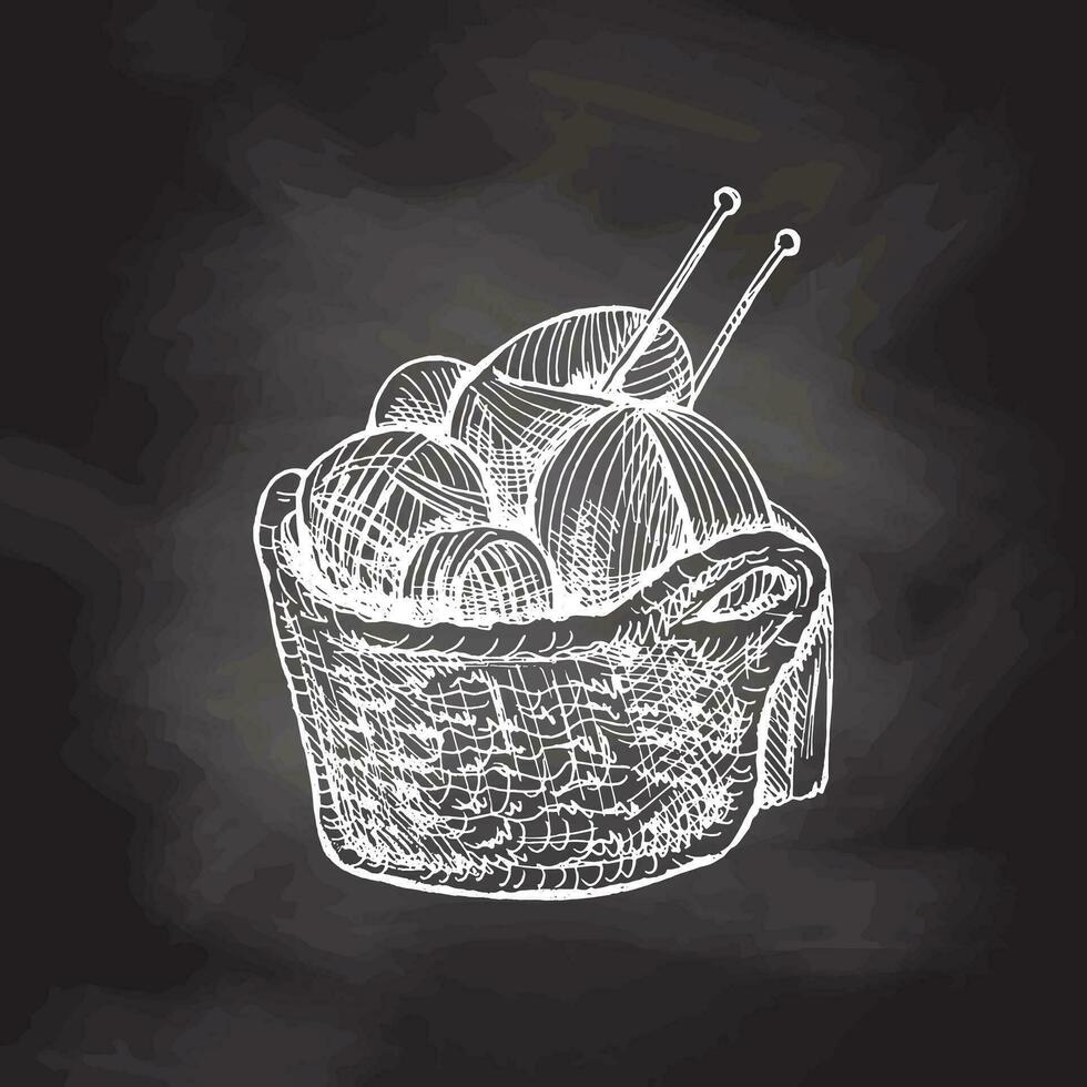 Hand-drawn sketch of basket with balls of yarn, wool and knitting needles on chalkboard background. Knitwear, handmade, knitting equipment concept in vintage doodle style. Engraving style. vector