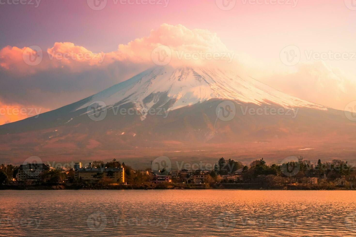 Beautiful sunset and clouds view of Mount Fuji at Lake Kawaguchi,Yamanashi, Japan. photo