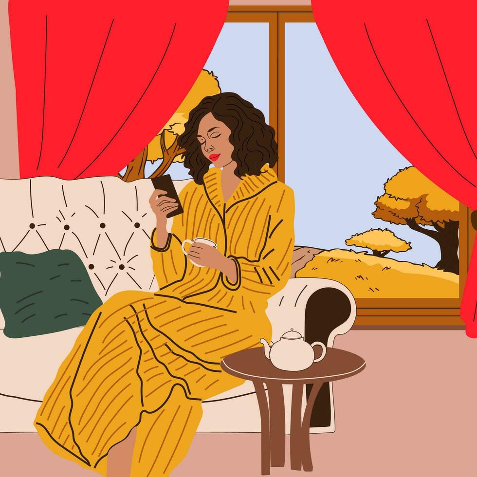 The girl is sitting on the sofa near the window with an autumn view.  Fall season. Hygge concept. Cozy autumn days vector