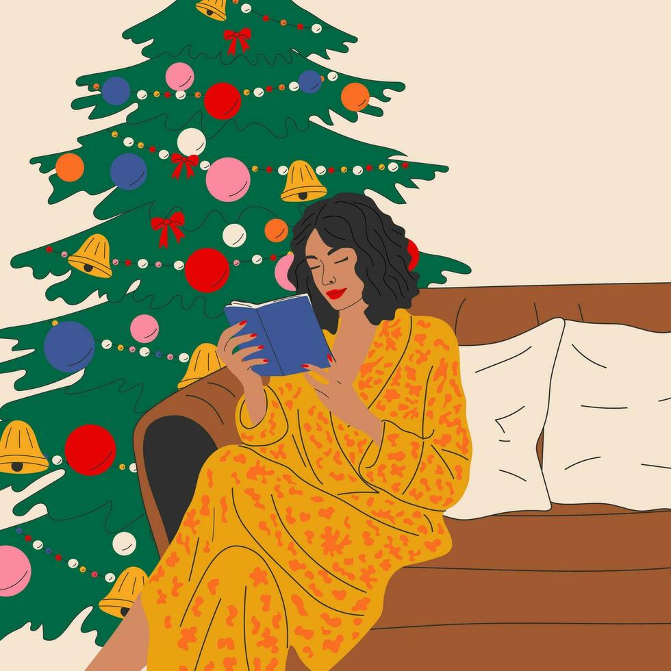 The girl is sitting on the sofa near the Christmas tree.  Hygge concept. Cozy winter days vector