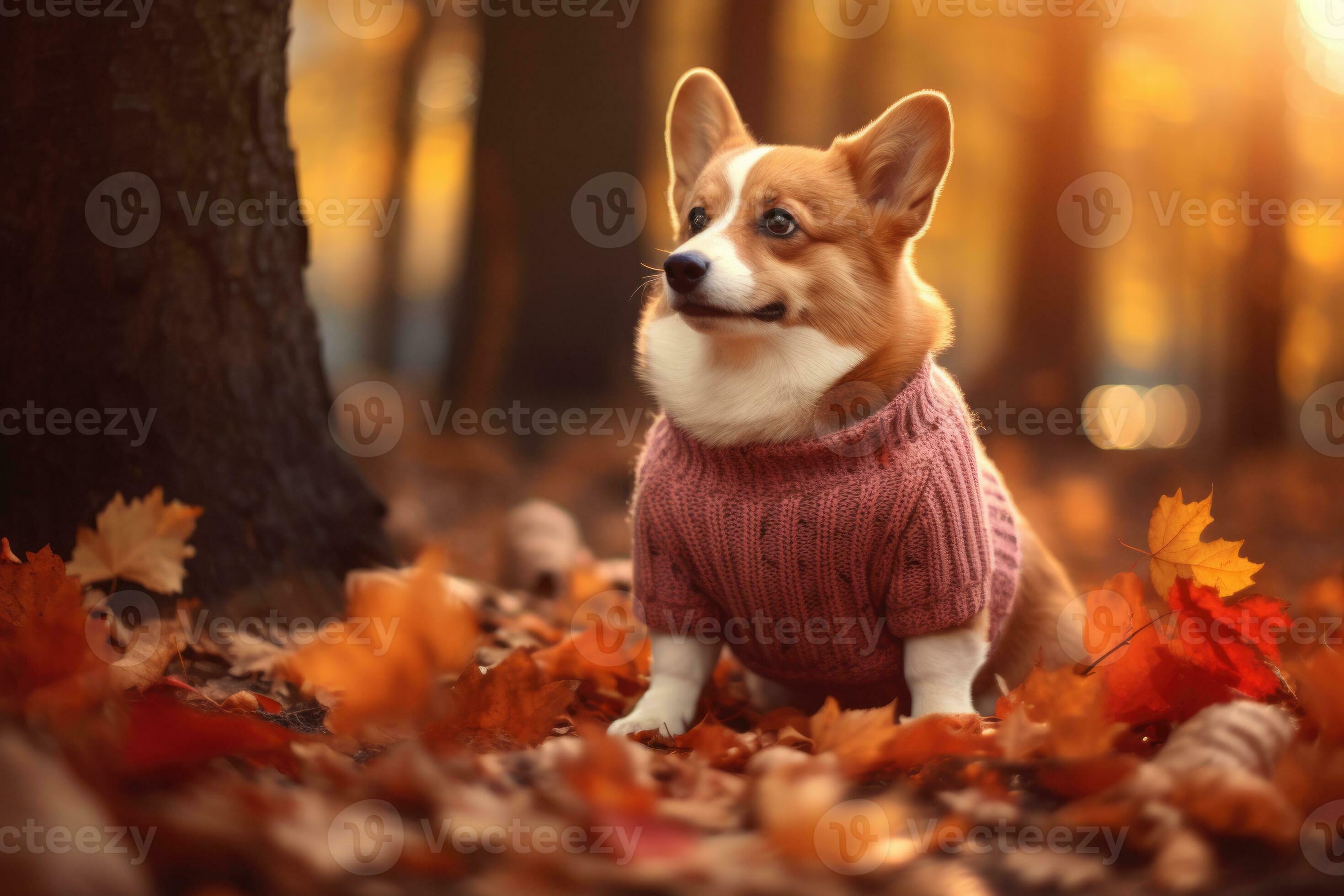 A corgi dog in an autumn forest in a sweater. AI generated