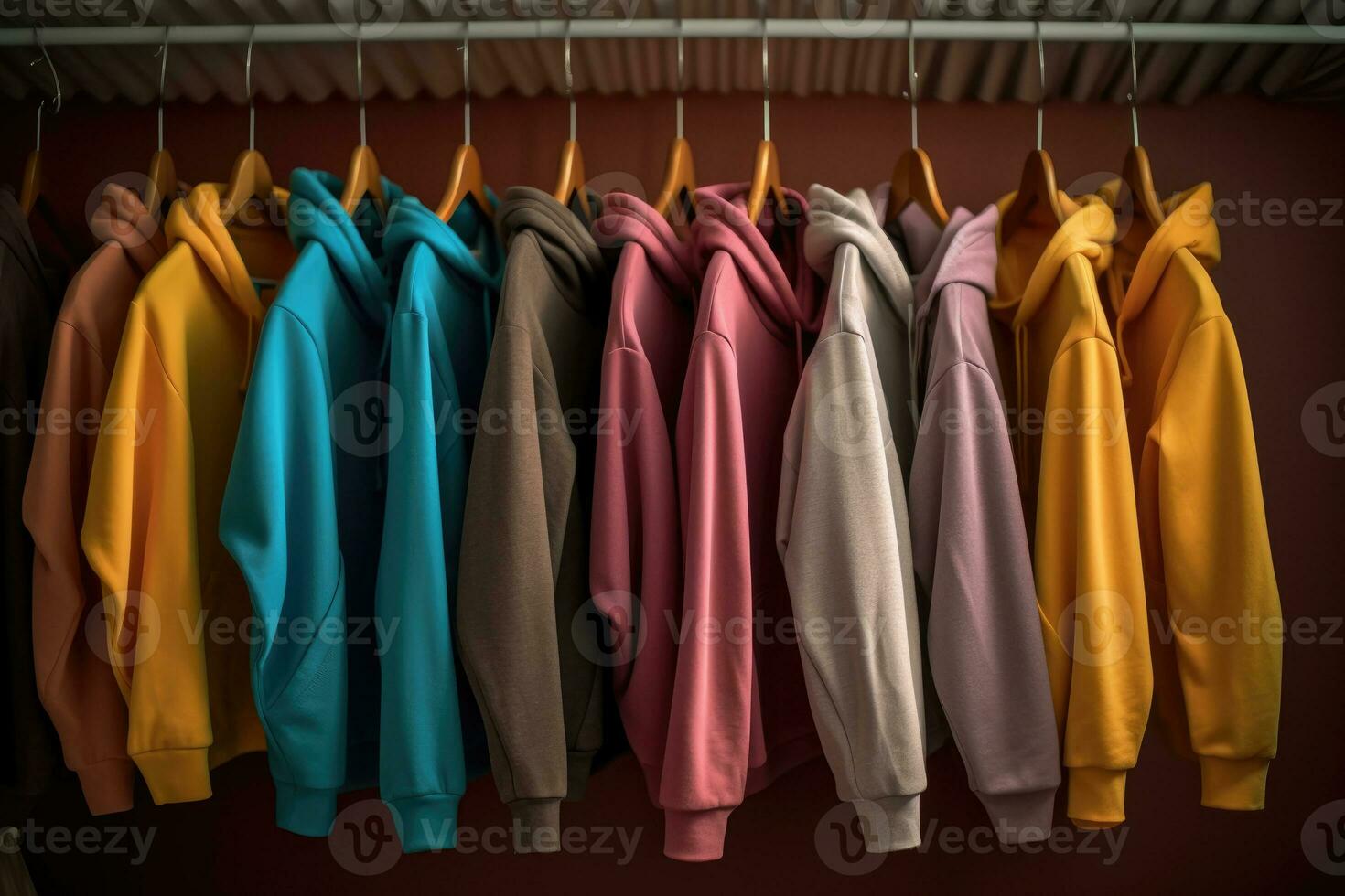 Hoodies of different colors hang on a hanger. AI Generated photo