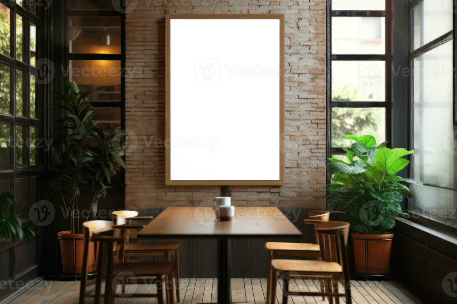 Layout of an empty frame on a brick wall in the dining room. AI-Generated photo