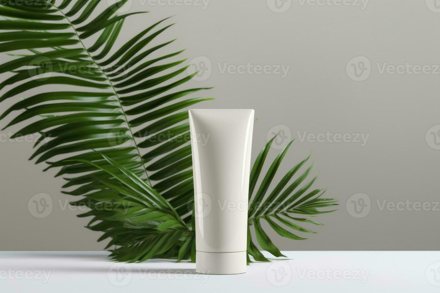 A mock-up white tube for cream on the background of palm leaves. AI generated photo