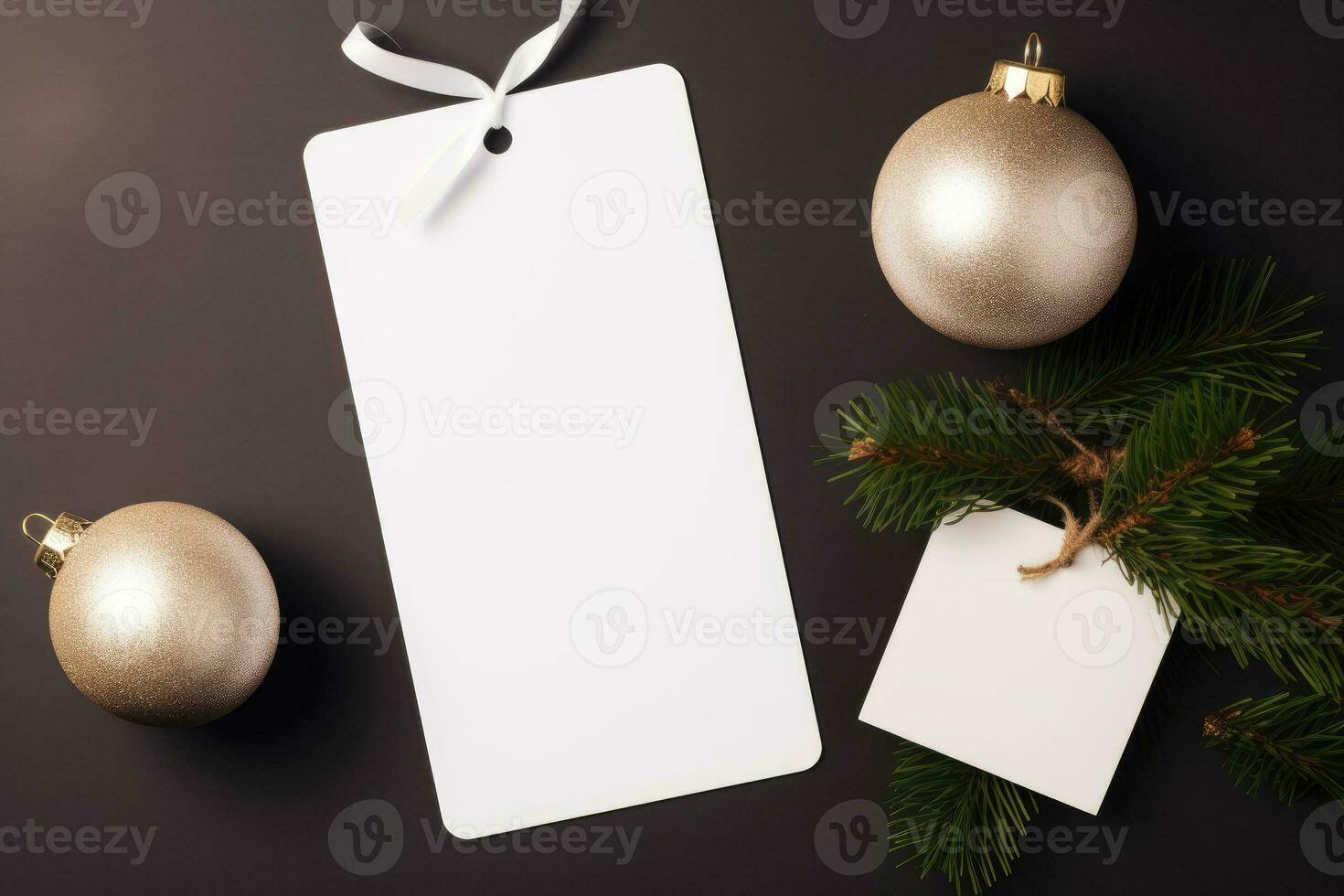 A mock-up of a white tag card with a gift box with Christmas tree toys and cones. AI Generated photo