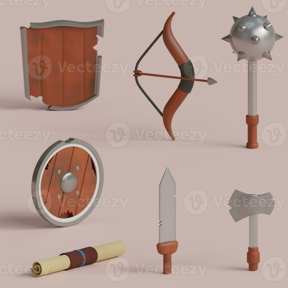 3d rendered medieval game set includes arrow, shield, sword, axe, treasure maps perfect for game design project photo