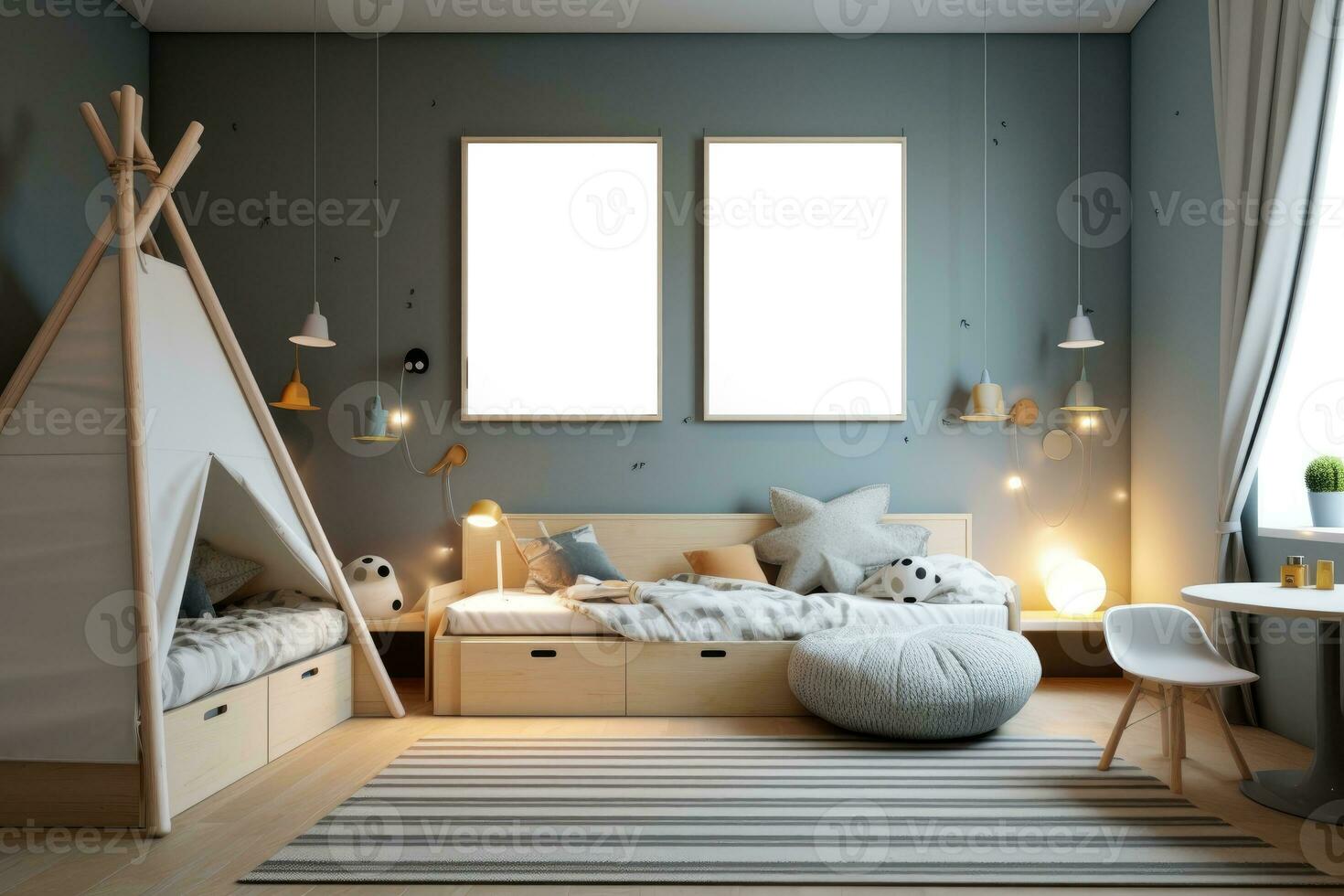 The interior of a children's room with a wigwam and empty picture frames. AI-Generated photo