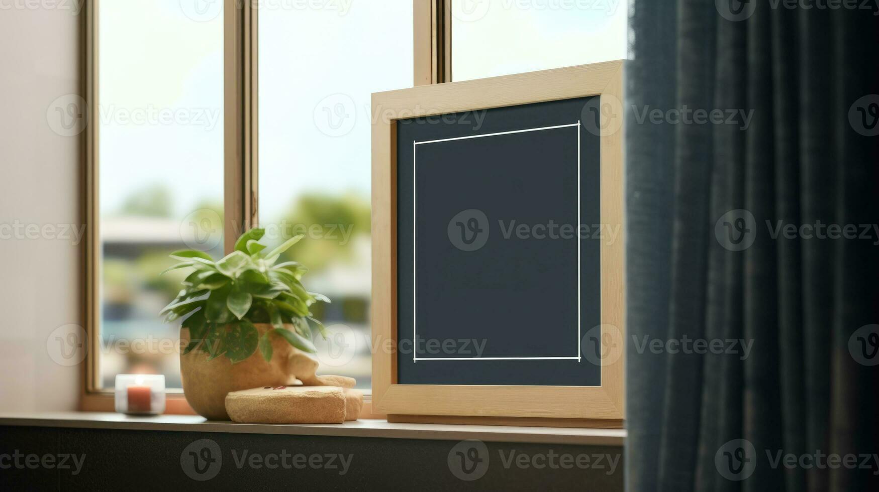 A frame for a poster with a discount in the store near the window photo