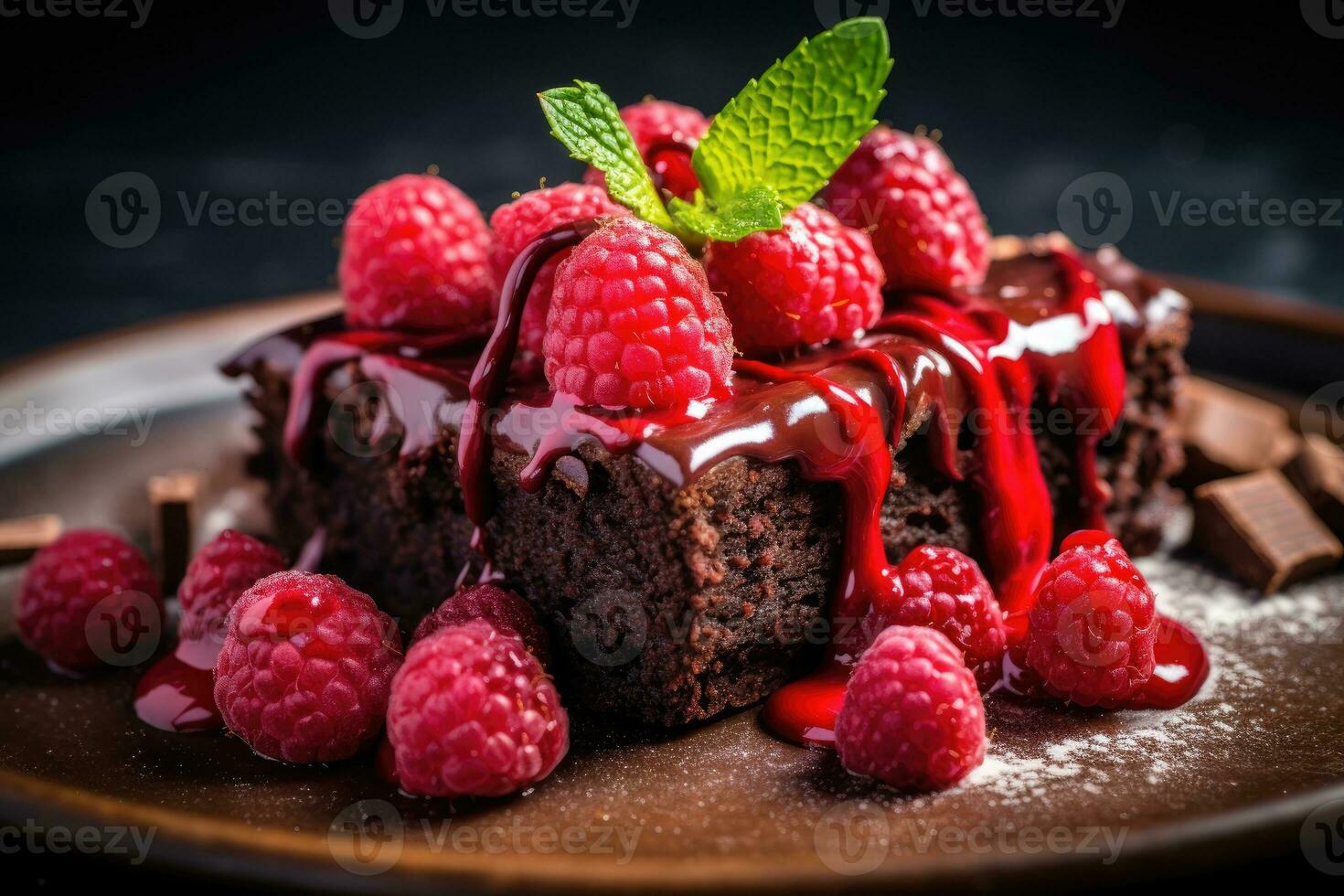 Chocolate brownie with a scoop of ice cream and raspberries. AI Generated photo