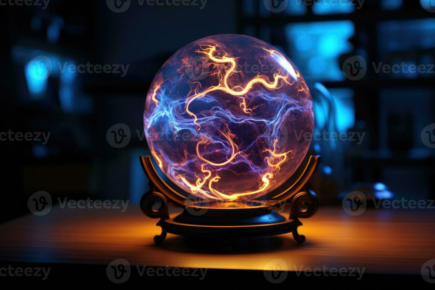 Magic glass ball with current discharges inside. AI-Generated photo