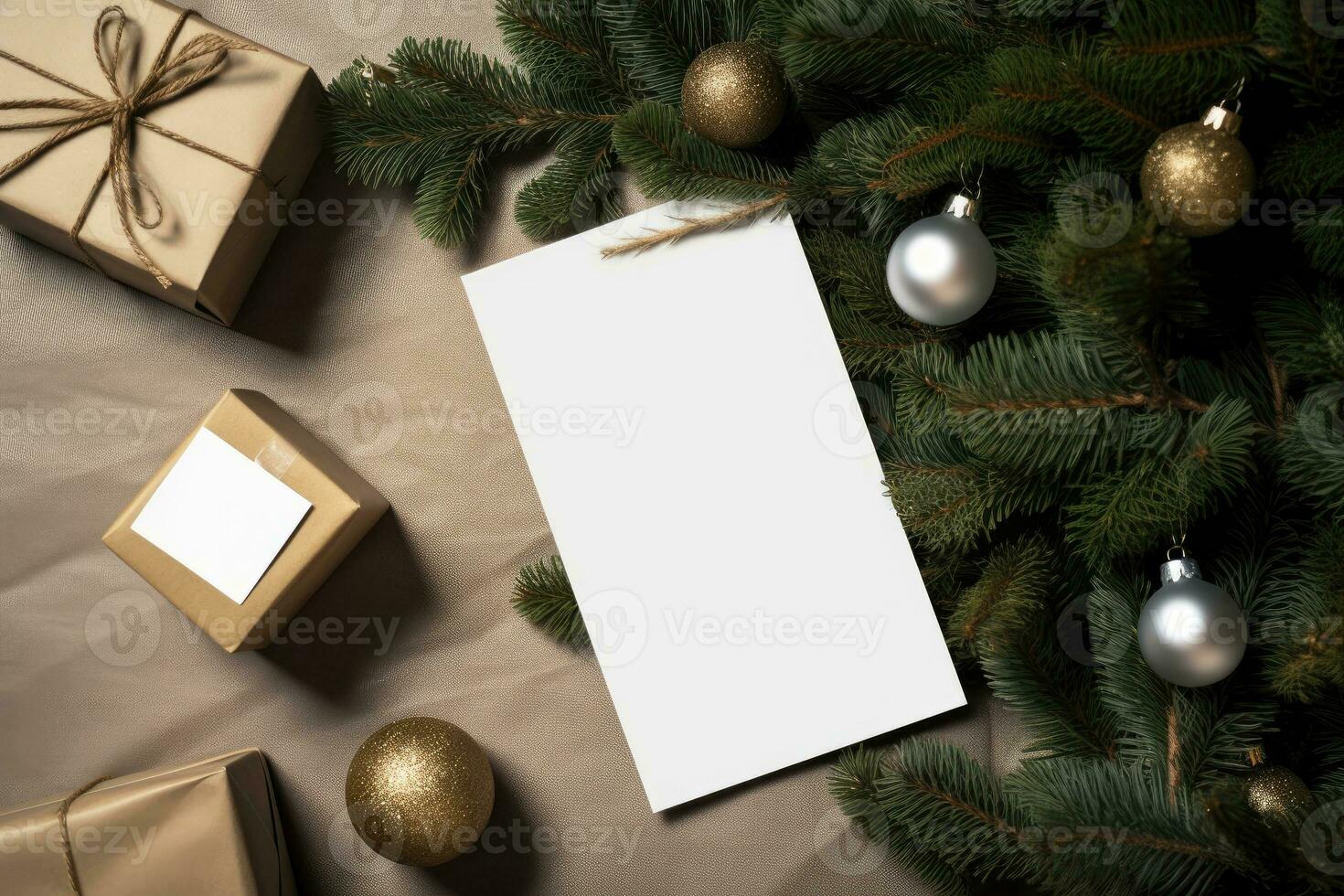 A mock-up of a white tag card with a gift box with Christmas tree toys and cones. AI generated photo