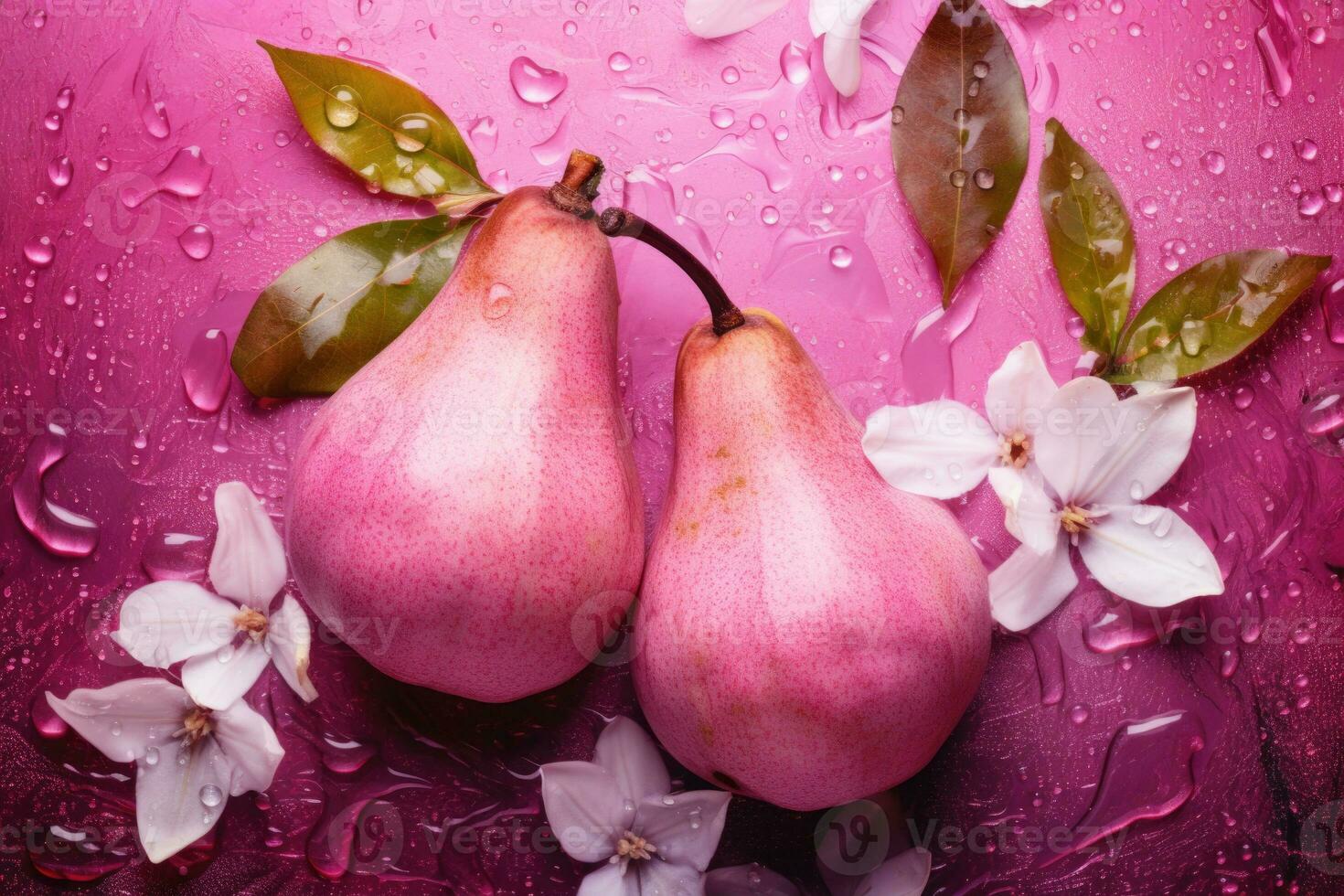 Two red pears painted in metallic pink with white flowers. AI generated photo