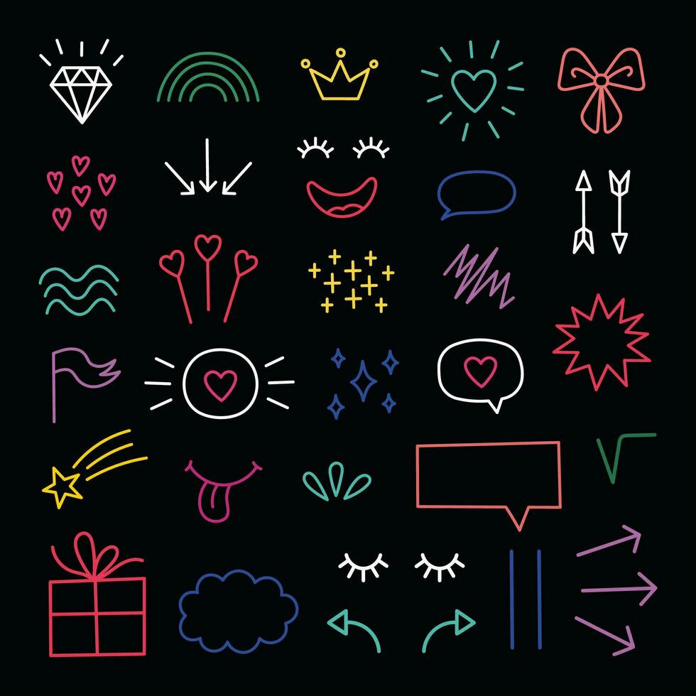 Hand drawn doodle elements set. Dark theme. Cartoon illustrations on black background. Neon elements. vector
