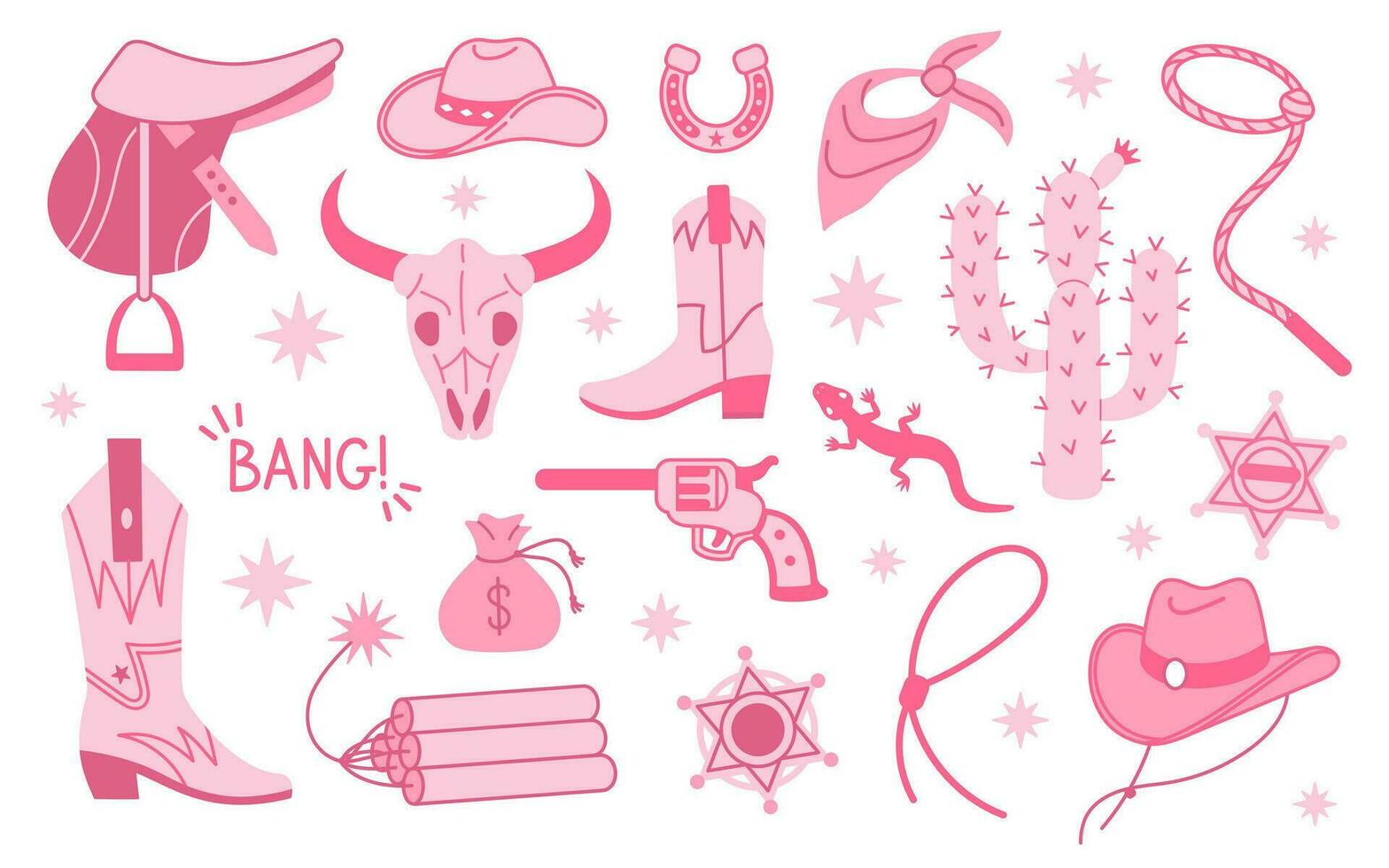 vaquero rosado núcleo Moda elementos recopilación. vaquero occidental y salvaje Oeste tema colocar. mano dibujado vector ilustración.