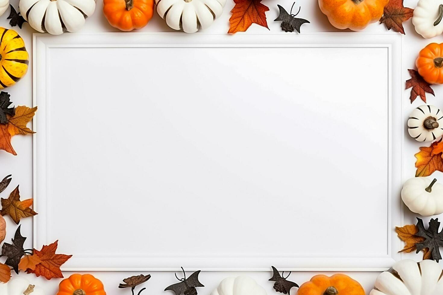 Halloween background with bats, pumpkin and candles on wodden frame with copy space. Ai generated photo