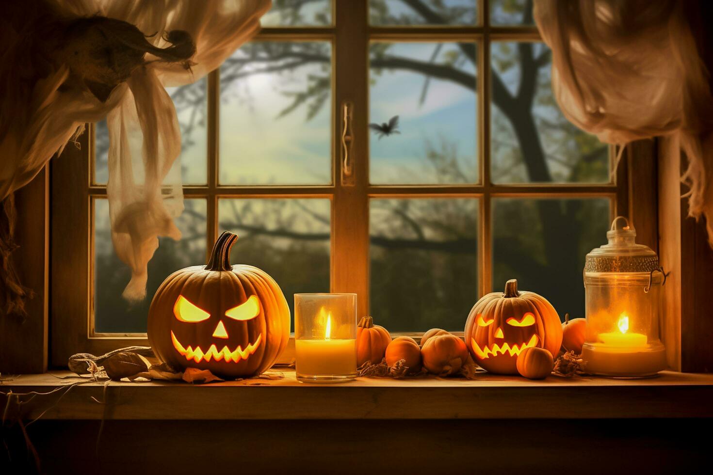 Halloween Pumpkins On Wood In A Spooky next to window At Night, Halloween concept. Ai generated photo