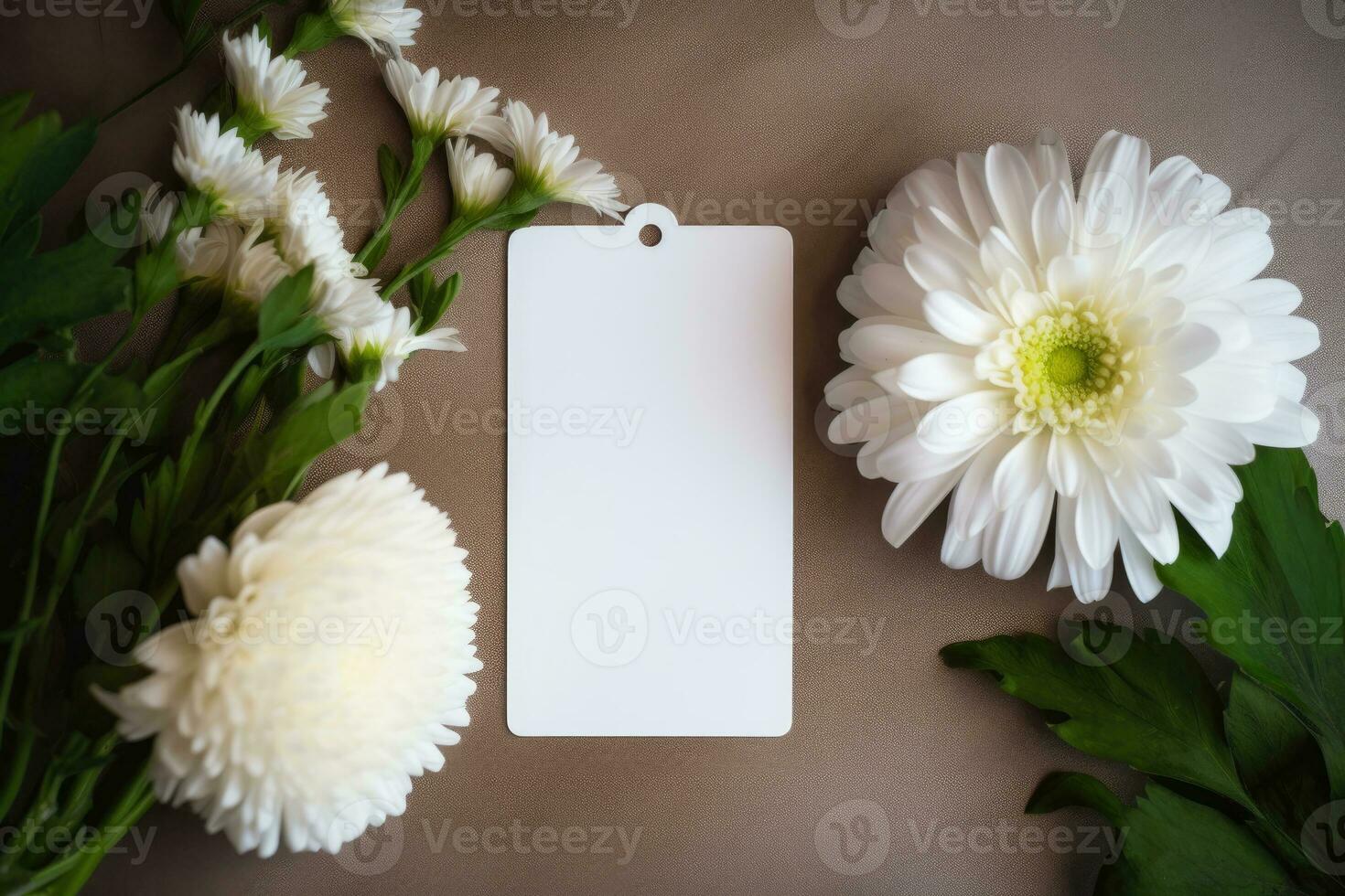 The layout of an empty tag lies with chrysanthemums and daisies on the table. AI Generated photo