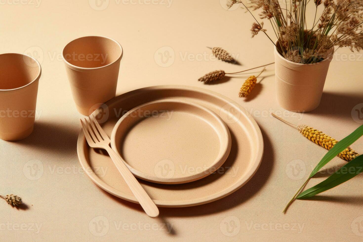 Dishes made of eco-friendly materials are on a tray. AI Generated photo