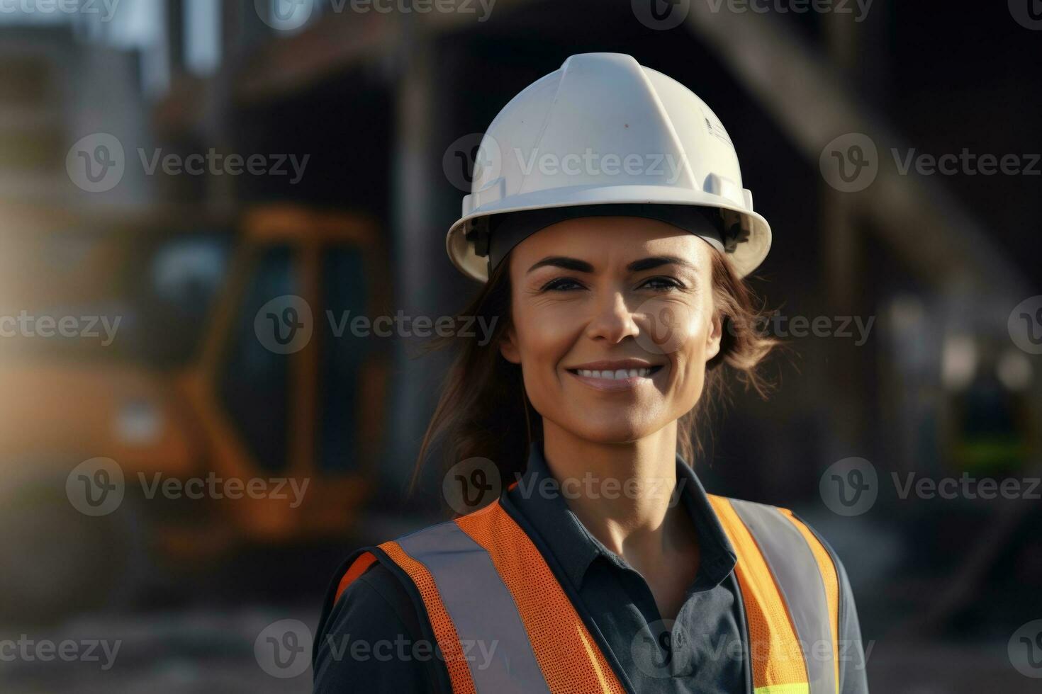 A young worker in a white helmet and vest stands on a construction site. AI-Generated photo