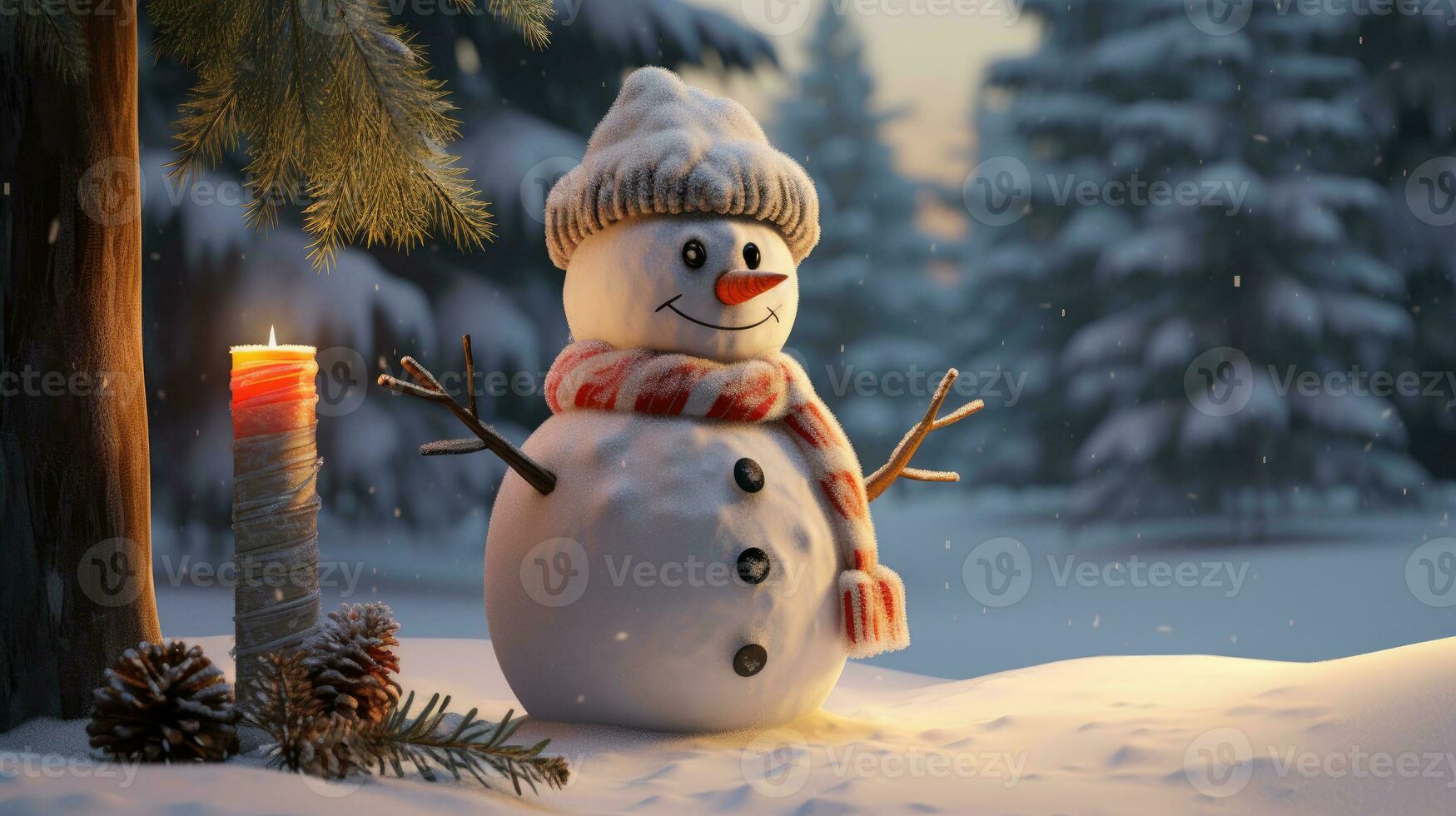 A snowman with flashlights stands in the snow in the forest. AI Generated photo