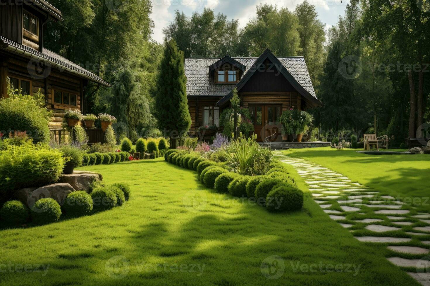 Green mown lawn on the background of the house. AI-Generated photo